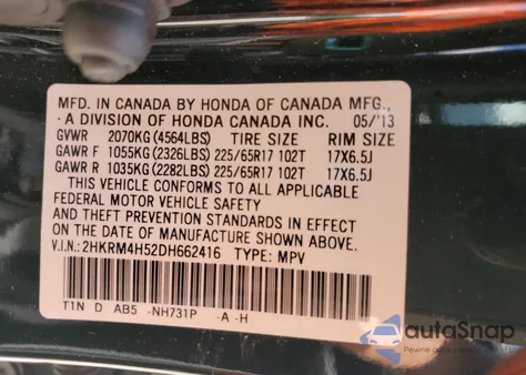 2013 Honda Cr-V Ex z USA, uszkodzony, nr VIN 2HKRM4H52DH662416